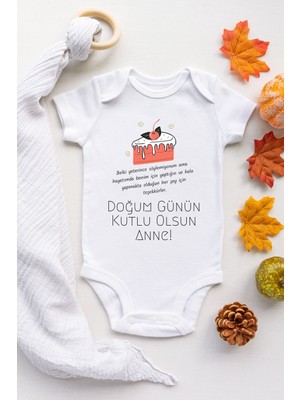 Limon Unisex Bebek Beyaz Doğum Günü Anne Desenli Kısa Kol Body