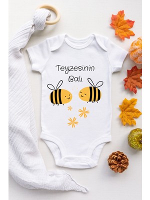 Limon Kız Bebek Beyaz Teyzesinin Balı Desenli Kısa Kol Body