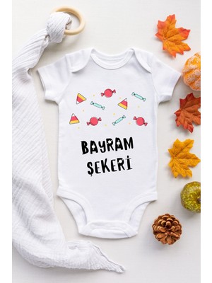 Limon Unisex Bebek Beyaz Bayram Şekeri Desenli Kısa Kol Body
