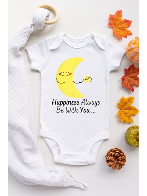 Limon Unisex Bebek Beyaz Happiness Desenli Kısa Kol Body
