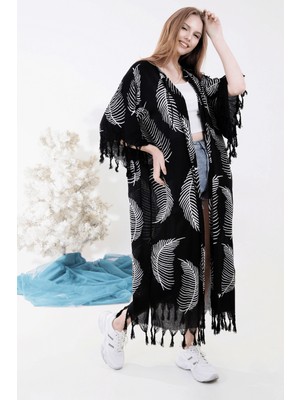 Unytex Yazlık Trend Yaprak Desen Kaftan Kimono 3 - Kuşaklı - El Baskısı