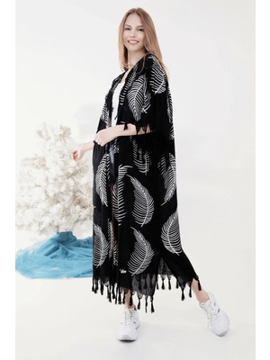 Unytex Yazlık Trend Yaprak Desen Kaftan Kimono 3 - Kuşaklı - El Baskısı