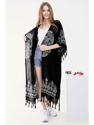 Unytex Yazlık Trend Siyah Anadolu Desen Kaftan Kimono 9 - Kuşaklı - El Baskısı