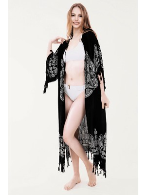 Unytex Yazlık Trend Siyah Anadolu Desen Kaftan Kimono 9 - Kuşaklı - El Baskısı