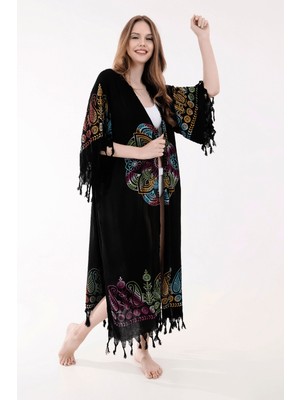 Unytex Yazlık Trend Renkli Anadolu Desen Kaftan Kimono 10 - Kuşaklı - El Baskısı