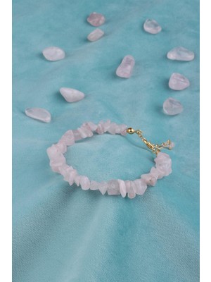Dünya Doğal Taş Doğal Pembe Kuvars Taşlı Kadın Bileklik - 300215
