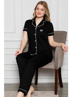 Alimer  kadın Siyah Önden Düğmeli Gömlek Yaka Kısa Kollu Pijama Takımı 2577KY