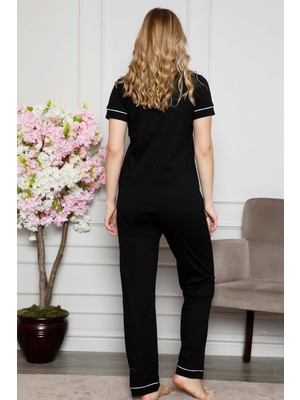 Alimer  kadın Siyah Önden Düğmeli Gömlek Yaka Kısa Kollu Pijama Takımı 2577KY