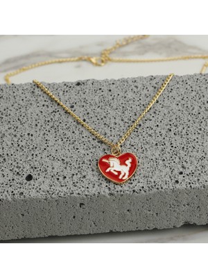 Chavin Unicorn Mineli Kırmızı Kalp Çocuk Kolye EN03