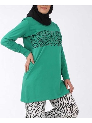 Fahrettin Moda Yeşil Zebra Desenli Uzun Kol Penye Tunik