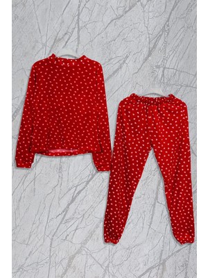 Woop Home Kalp Baskılı Kadife Kırmızı Pijama Takımı