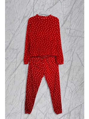 Woop Home Kalp Baskılı Kadife Kırmızı Pijama Takımı