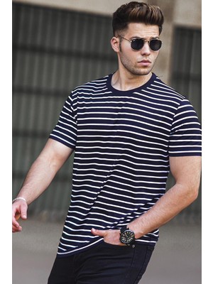 Madmext Çizgili Lacivert Erkek Tişört 5276