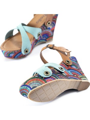 Galilee Kadın Dolgu Topuklu Sandalet Gökkuşağı Tekstil Tabanlı Kahve Pembe Mavi Süet (Değiştirilebilir Üst Kayışlı)