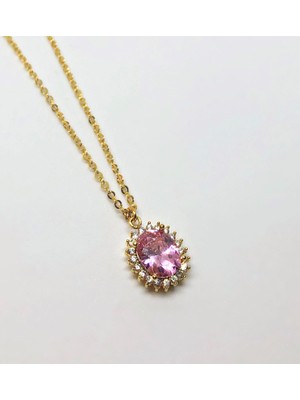 Soiestore Zirkon&swarovski Oval Taşlı Kolye Pembe