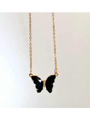 Soiestore Siyah Cam Kelebek Kolye Altın Kaplama