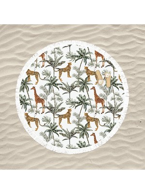 Decoars Kaplan ve Zürafa Figürlü Özel Tasarım Yuvarlak Plaj Havlusu