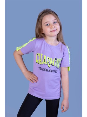 Toontoy Kız Çocuk Kolları Şerit Detaylı Baskılı Tişört