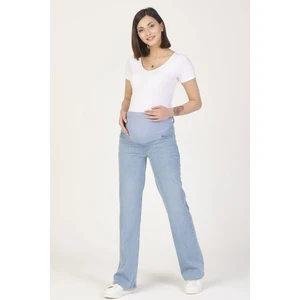 BUSA Hamile Karnı Saran Esnek Bantlı Arka Kemerli Bol Paça Kot Pantolon Açık Mavi