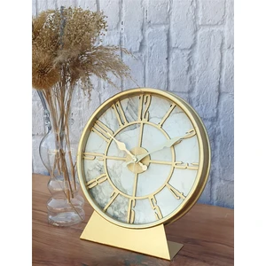 Metal Kasalı (Altın -Gold Renkli) Mermer Desenli  Masa ,konsol Saati