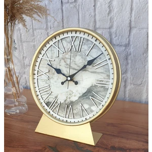 Metal Kasalı (Altın -Gold Renkli) Mermer Desenli  Masa ,konsol Saati