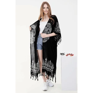 Yazlık Trend Siyah Anadolu Desen Kaftan Kimono 9 - Kuşaklı - El Baskısı