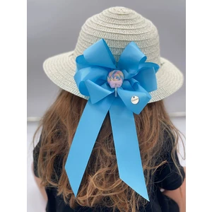Queen Accessories Prenses Kız Çocuk Hasır Şapka Plaj Çanta Takım Set Turkuaz Mavi Gökkuşağı Lolipop Fiyonklu