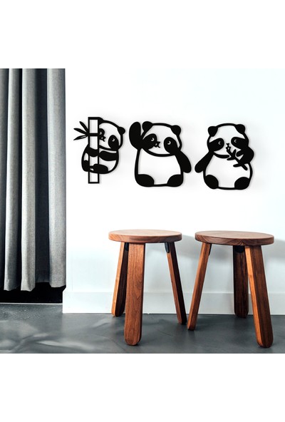 İon Wooden Factory Dekoratif 3 Lü Panda Duvar Dekoru, Lazer Kesim