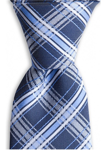 Koyu Mavi Ekose Desenli 7 cm Genişliğinde Ipek Kravat