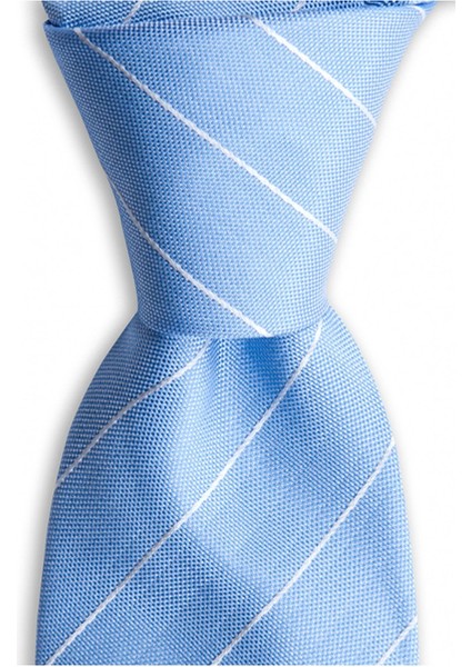 Açık Mavi Çizgili 8 cm Genişliğinde Ipek Kravat