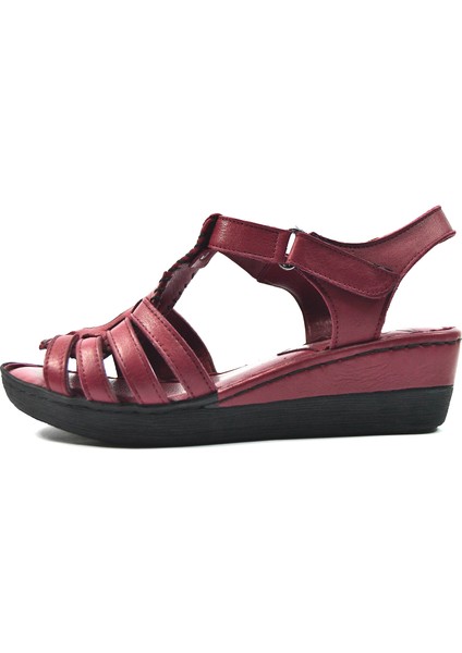 23201 Deri Bordo Dolgu Topuk Ortapedik Kadın Sandalet