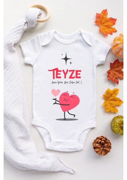 Unisex Beyaz Teyze Anne Yarısı Desenli Kısa Kol Body