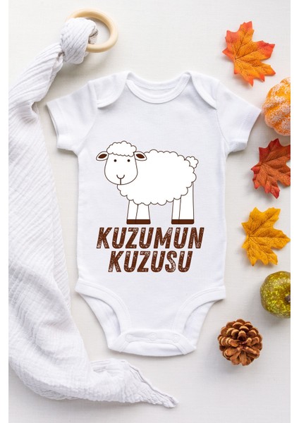 Unisex Beyaz Kuzumun Kuzusu Desenli Kısa Kol Body