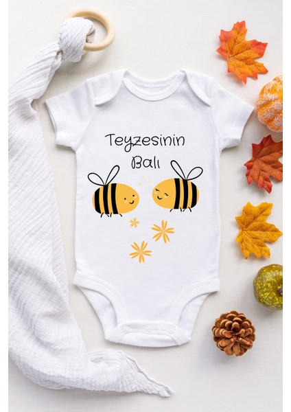 Kız Bebek Beyaz Teyzesinin Balı Desenli Kısa Kol Body