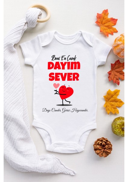 Bebek Beyaz Beni En Çok Dayım Sever Desenli Kısa Kol Body