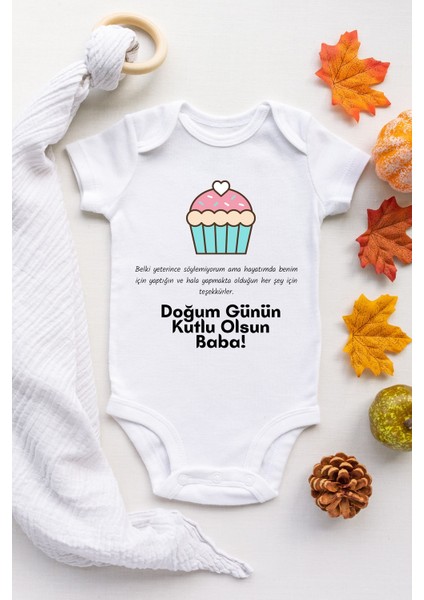 Unisex Bebek Beyaz Doğum Günü Baba Desenli Kısa Kol Body