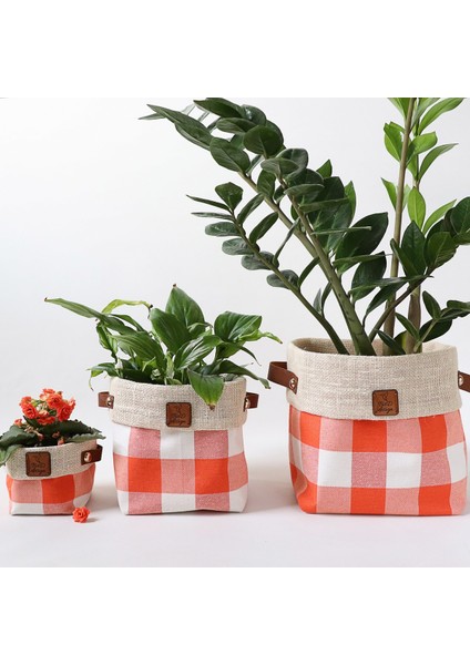Plaidlove Serisi Orangeplaid 3lü Kumaş Saksı Kılıfı Seti