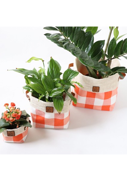 Plaidlove Serisi Orangeplaid 3lü Kumaş Saksı Kılıfı Seti