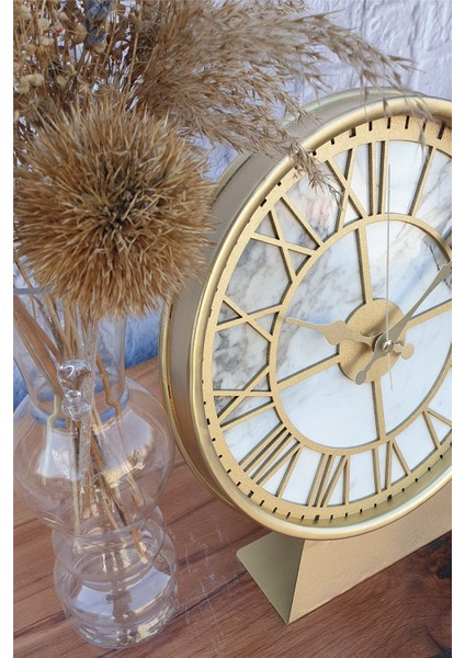 Metal Kasalı (Altın -Gold Renkli) Mermer Desenli Masa ,konsol Saati fırsatları