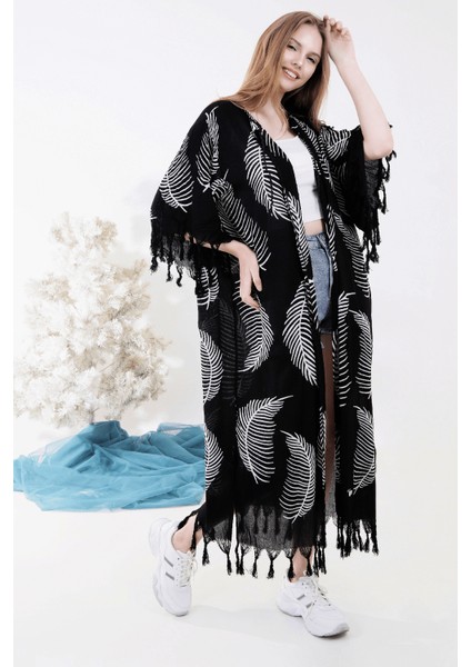 Yazlık Trend Yaprak Desen Kaftan Kimono 3 - Kuşaklı - El Baskısı