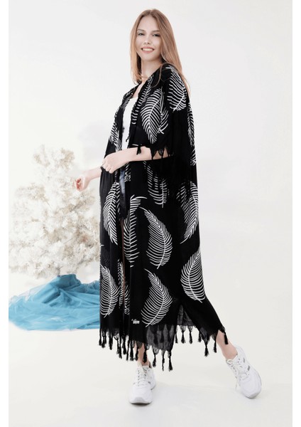 Yazlık Trend Yaprak Desen Kaftan Kimono 3 - Kuşaklı - El Baskısı