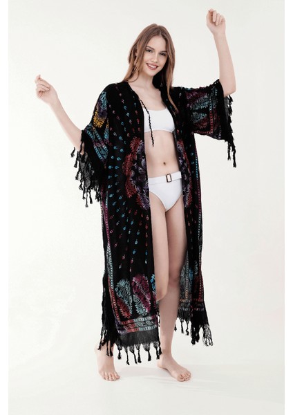 Yazlık Trend Renkli Kapadokya Desen Kaftan Kimono 5 - Kuşaklı - El Baskısı