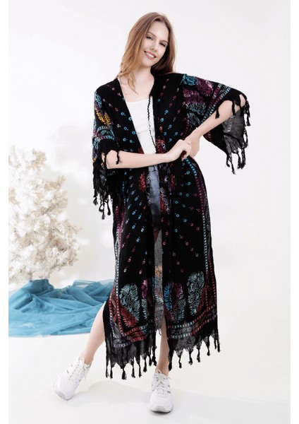 Yazlık Trend Renkli Kapadokya Desen Kaftan Kimono 5 - Kuşaklı - El Baskısı