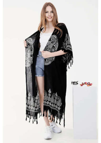 Yazlık Trend Siyah Anadolu Desen Kaftan Kimono 9 - Kuşaklı - El Baskısı