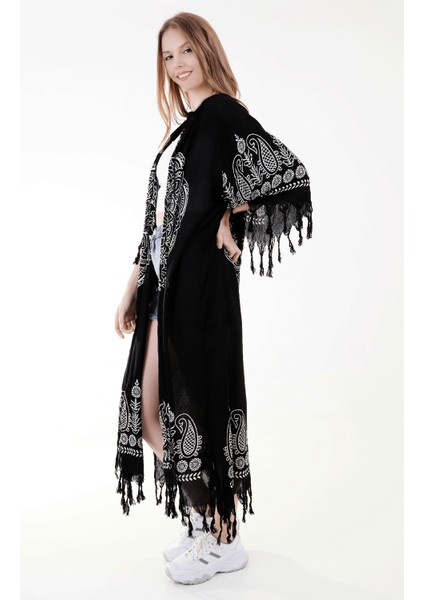 Yazlık Trend Siyah Anadolu Desen Kaftan Kimono 9 - Kuşaklı - El Baskısı