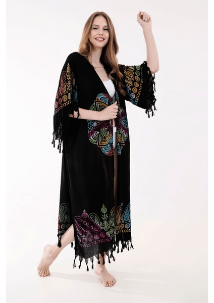 Yazlık Trend Renkli Anadolu Desen Kaftan Kimono 10 - Kuşaklı - El Baskısı