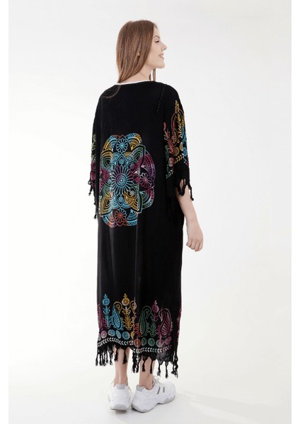 Yazlık Trend Renkli Anadolu Desen Kaftan Kimono 10 - Kuşaklı - El Baskısı