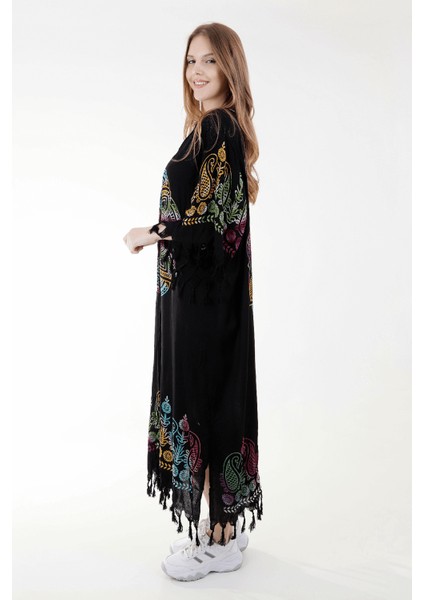 Yazlık Trend Renkli Anadolu Desen Kaftan Kimono 10 - Kuşaklı - El Baskısı