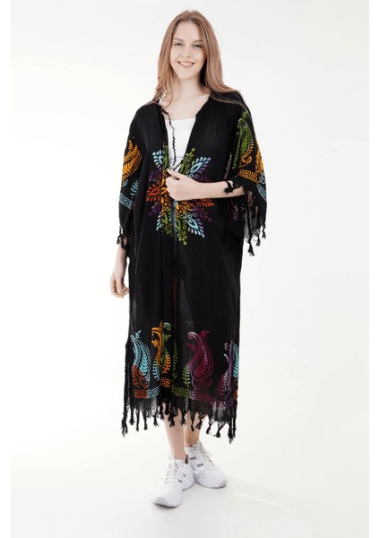 Yazlık Trend Nemrut Desen Kaftan Kimono 15 - Kuşaklı - El Baskısı