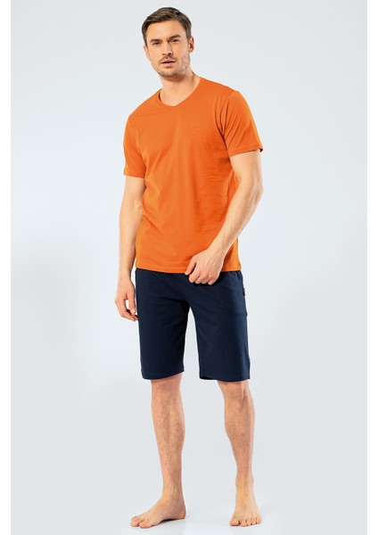 2206 Erkek Nakışlı V Yaka Bermuda Şort Takımı - Kiremit